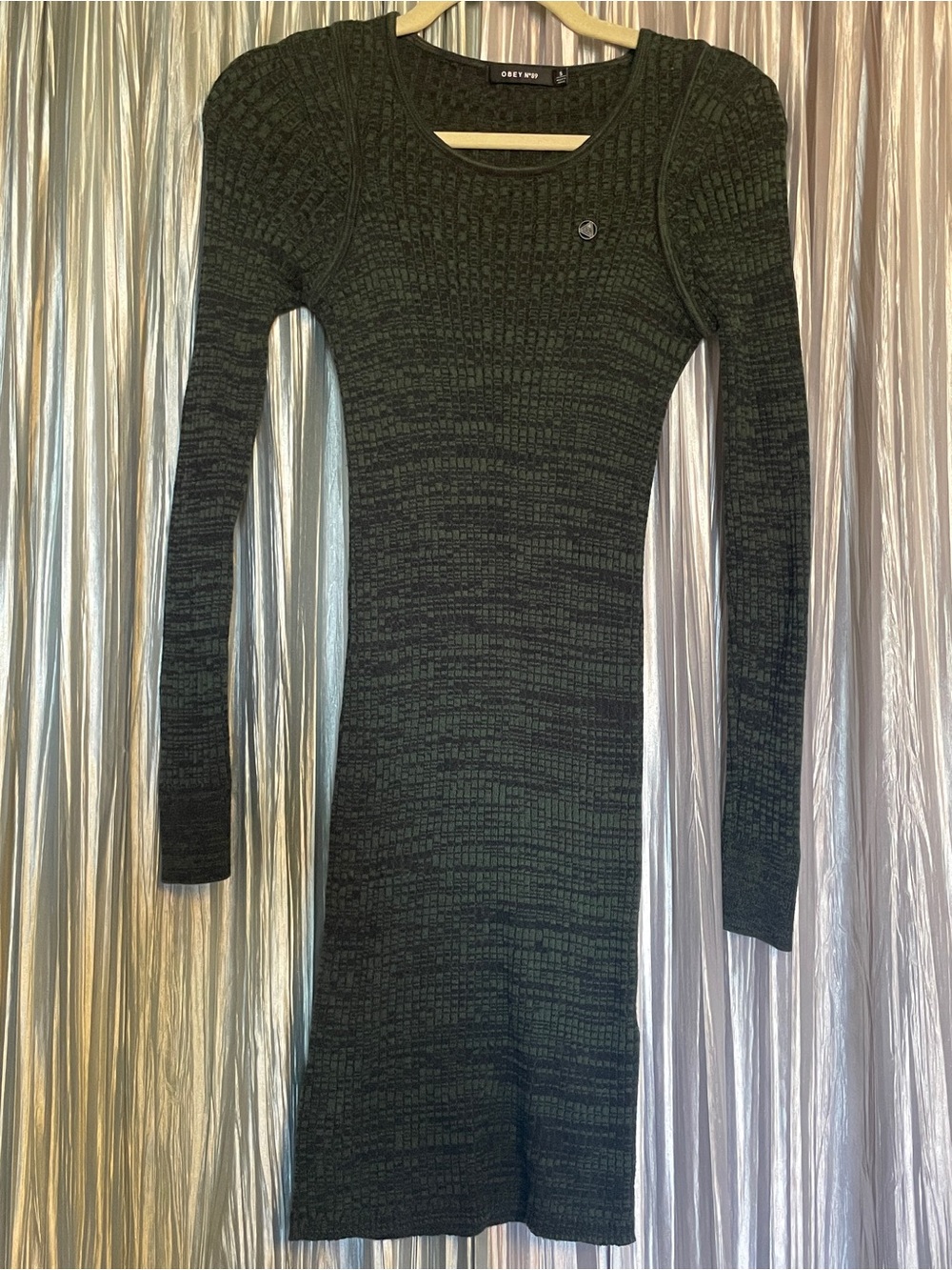 Vintage Obey Dark Green Ribbed Long Sleeve Bodycon Dress